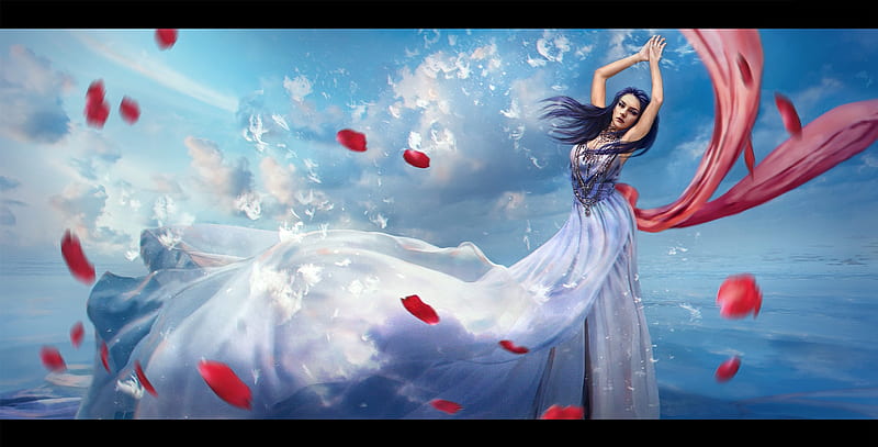 Elements ~ Air, wind, daria ridel, air, pink, elements, blue, cloud, fantasy, girl, petals, white, HD wallpaper