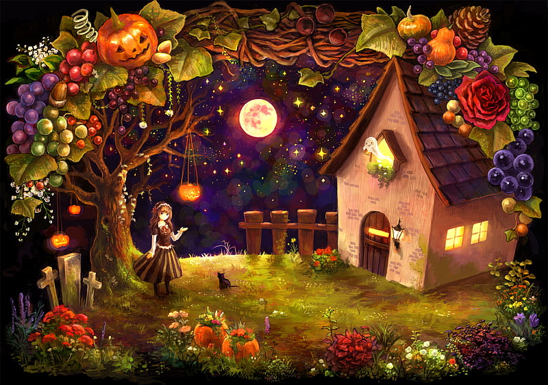 Halloween Theme, art, christmas, cg, halloween, wall, ouse, anime, new, theme, HD wallpaper