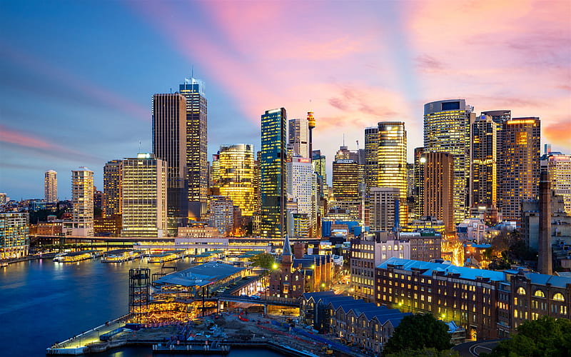 Sydney, evening, sunset, skyscrapers, Sydney cityscape, Australia, modern buildings, HD wallpaper