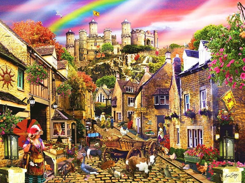 Medieval village life, fantasy arts, fantasy land, life, rainbow, fantasy, old life, people, tales, village, kingdom, castle, HD wallpaper