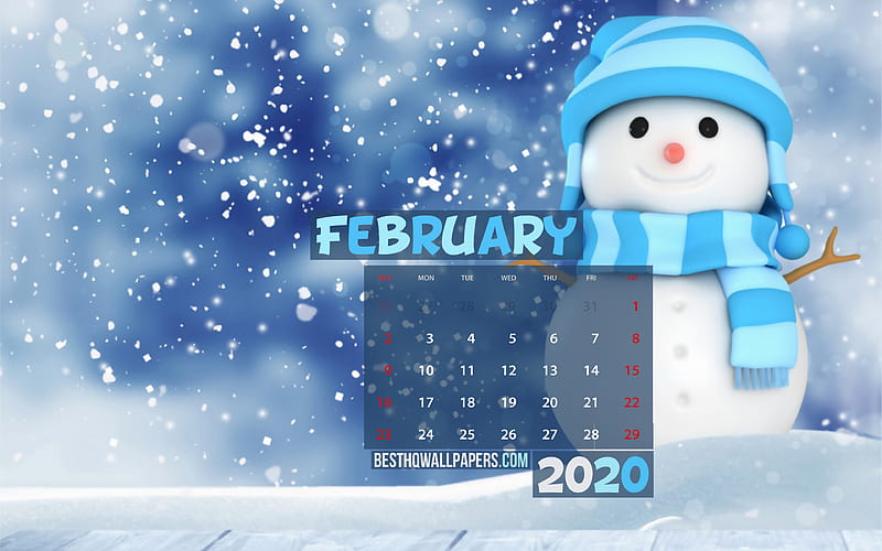 February 2020 Calendar snowman, winter, 2020 calendar, February 2020, creative, winter landscape, February 2020 calendar with snowman, Calendar February 2020, blue background, 2020 calendars, HD wallpaper