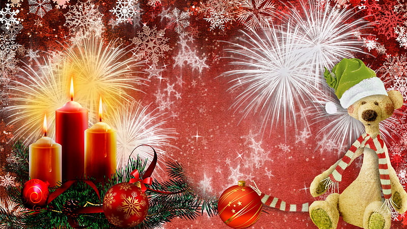 Christmas To Remember, red, feliz navidad, christmas, firefox persona, red balls, xmas, candles, cute, flames, whimsical, decorations, bright, snowflkaes, teddy bear, HD wallpaper