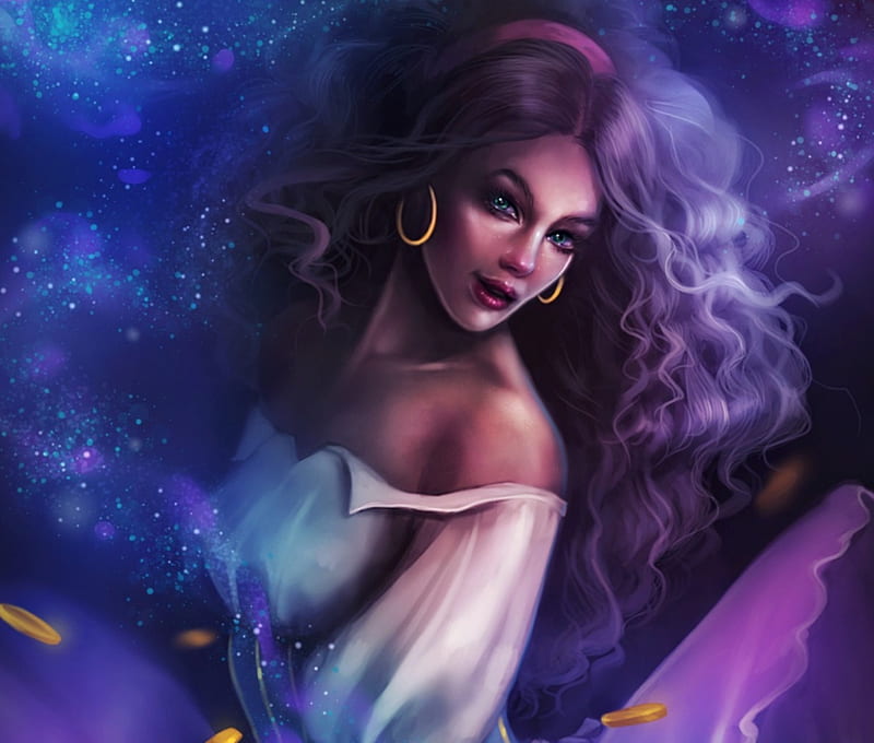 Esmeralda, art, luminos, gipsy, woman, fantasy, girl, purple, sandramalie, blue, HD wallpaper
