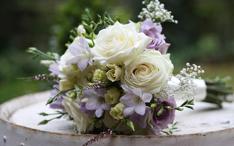 white roses, wedding bouquet, beautiful flowers, bridal bouquet, purple flowers, HD wallpaper