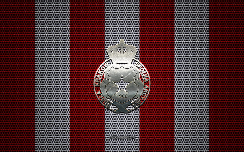 Wisla Krakow logo, Polish football club, metal emblem, red and white metal mesh background, Wisla Krakow, Ekstraklasa, Krakow, Poland, football, HD wallpaper