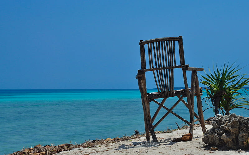 Heaven in Zanzibar, clear, ocean, bonito, sky, water, beaches, aquamarine, nature, chair, coastline, blue, HD wallpaper