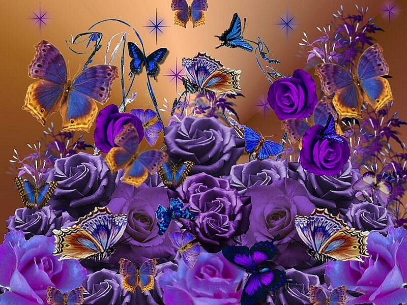 PURPLE ROSES AND BUTTERFLIES, purple, flowers, butterflies, roses, blue