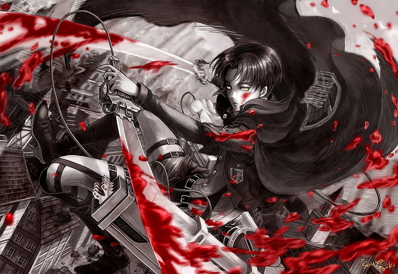 Rampage, Captain Levi, Levi, Cant think of a fourth, 3D Maneuver Gear, Sword, Attack on Titan, Blood, Weapon, Shineki no Kyojin, HD wallpaper