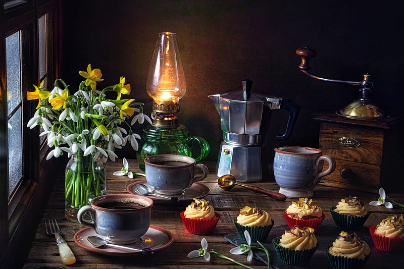 graphy, Still Life, Coffee, Cup, Cupcake, Drink, Flower, Oil Lamp, Snowdrop, HD wallpaper