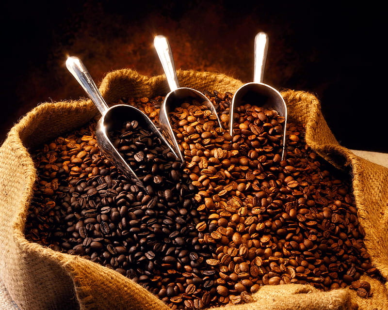 Coffee Bag, brown, full, bag, bean, dilicious, yummy, coffee, spoons, tasty, sack, HD wallpaper