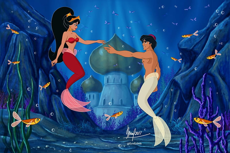 Aladdin and Jasmine Under the Sea, Disney, Aladdin, Mermaid, Merman, HD wallpaper