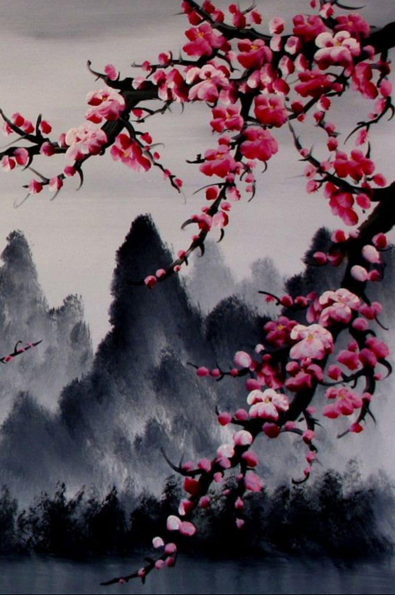 Blossoms, black, black and red, cherry blossoms, flowers, painting, red ...