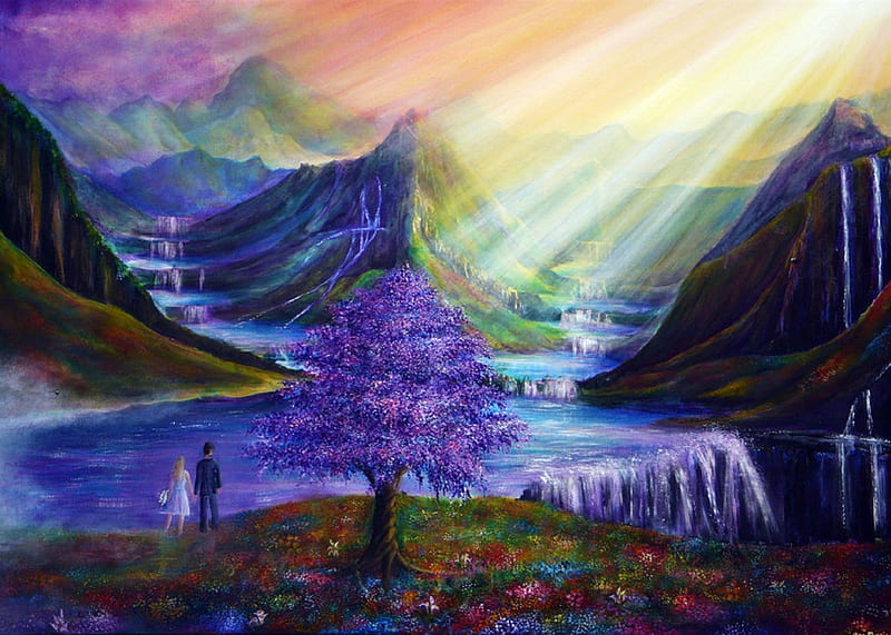 Heaven in a Dream, draw and paint, grass, panoramic view, dreams, attractions in dreams, most ed, valley, lovers, paintings, landscapes, heaven, waterfall, flowers, scenery, traditional art, couple, animals, love four seasons, creative pre-made, butterflies, sky, trees, mountains, rays of light, sunshine, nature, HD wallpaper