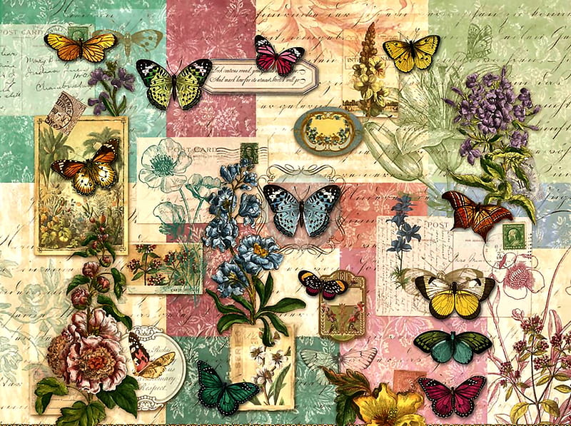 Patchwork Butterflies, art, bonito, butterflies, illustration, artwork, animal, painting, wide screen, wildlife, fflowers, HD wallpaper