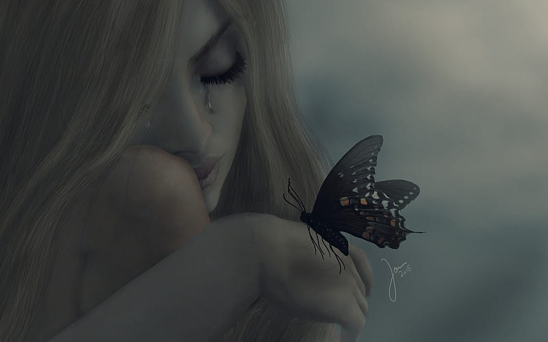 Sad beauty, fantasy, butterfly, luminos, girl, dark, rendering