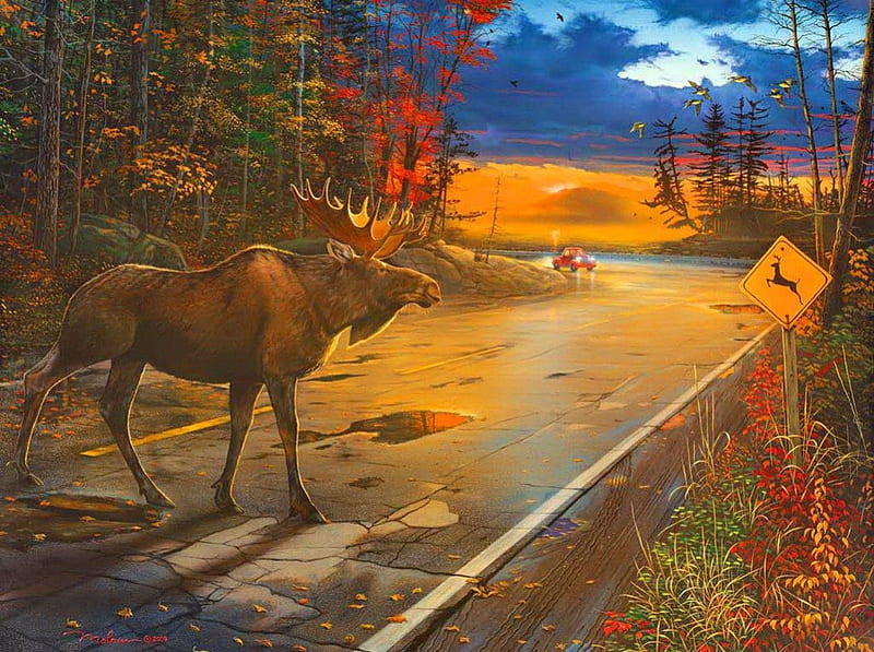 Crossing, glow, fiery, shine, bonito, clouds, deer, animal, car, painting, path, morning, road, art, forest, quiet, sunlight, sky, trees, serenity, rays, walk, cross, HD wallpaper