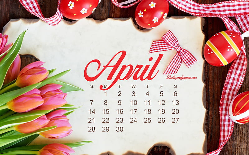 2019 April Calendar, red tulips, Easter background, calendar for April 2019, Easter, 2019 calendars, spring, HD wallpaper