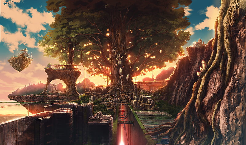 giant tree, anime fantasy world, floating islands, clouds, sunset, Anime, HD wallpaper