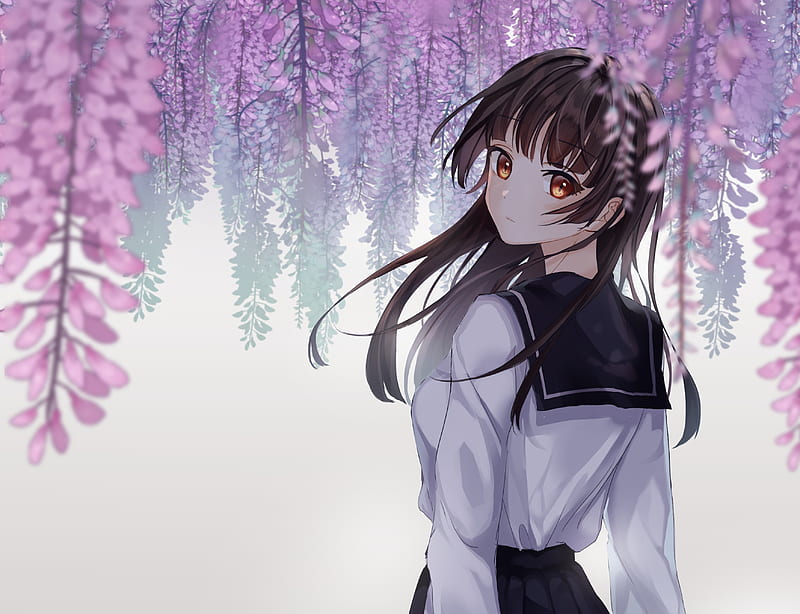 anime school girl, cherry blossom, back view, school uniform, brown hair, Anime, HD wallpaper