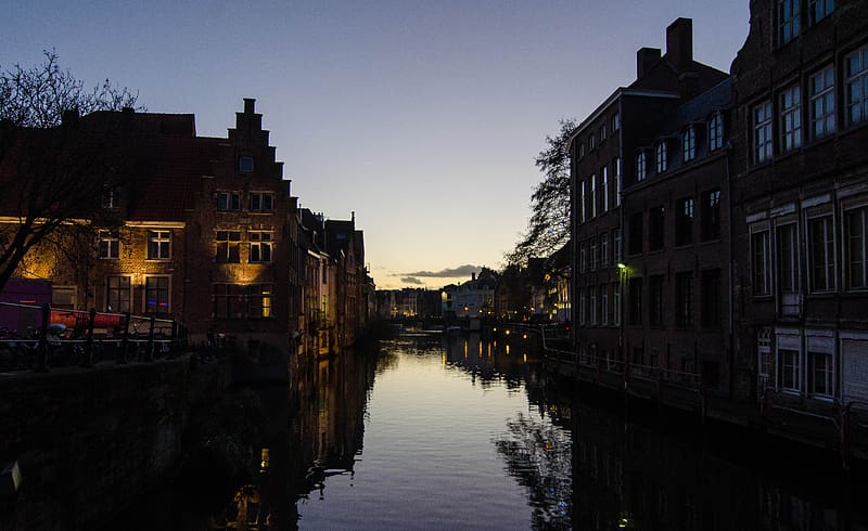 river, buildings, city, dusk, ghent, belgium, HD wallpaper