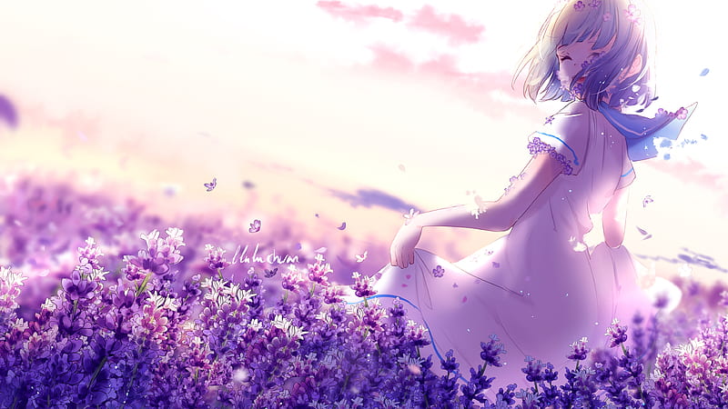anime girl, lavender garden, happy face, purple flowers, Anime, HD wallpaper