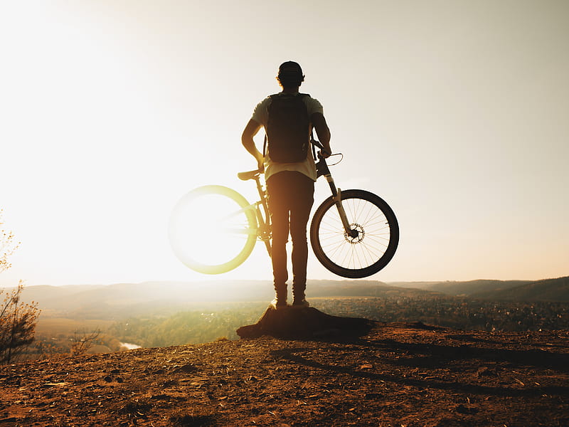 guy, bike, sun, mountains, active, HD wallpaper