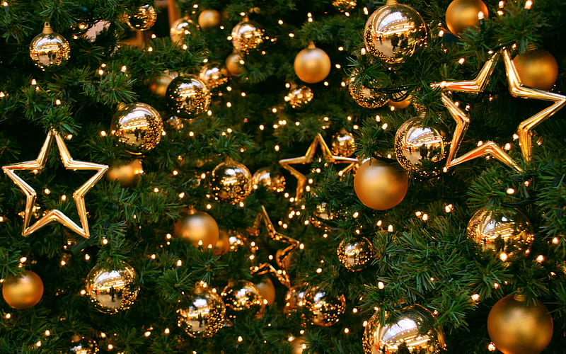 Glistening Golden Bells, stars, tree, green, christmas, golden, glistening, bells, HD wallpaper