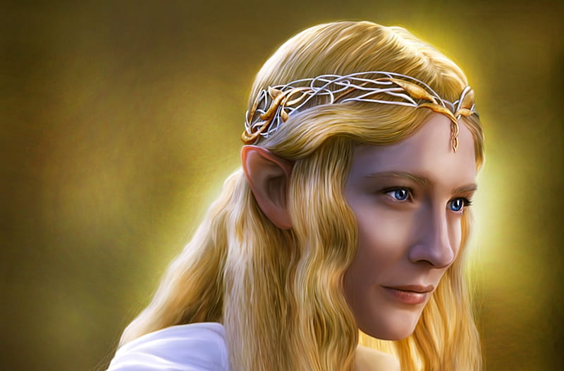 Galadriel, the hobbit, luminos, elf, queen, yellow, threshthesky, fantasy, lotr, HD wallpaper