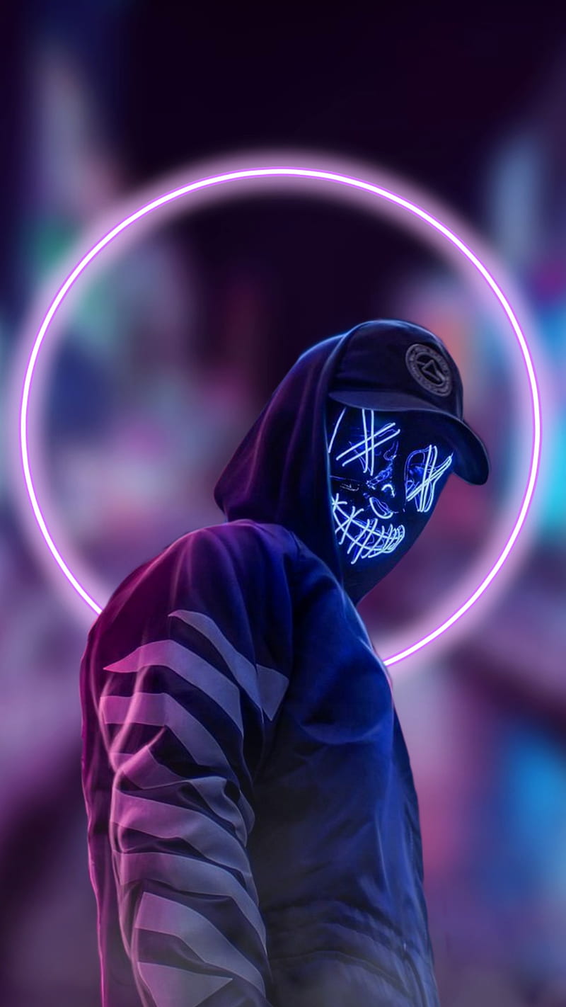 Neon Mask Wallpaper 4K, Man in Black, Dark background, #2162