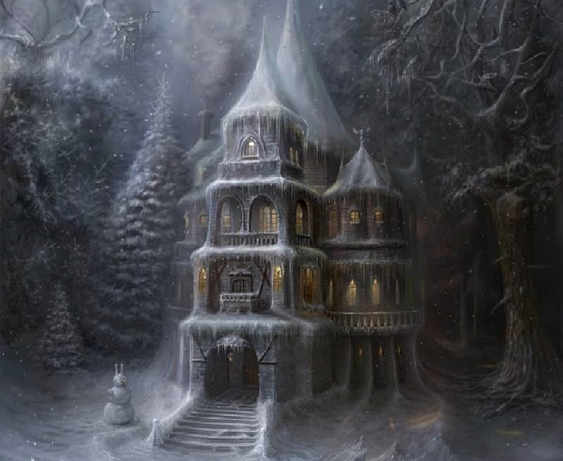 Winter mansion, art, house, luminos, cornacchia art, snowman, winter, tree, fantasy, snow, cornacchiaart, mansion, white, HD wallpaper