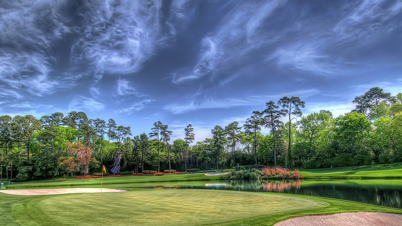 gorgeous green on a golf course r, pond, green, golf, r, trees, clouds, HD wallpaper