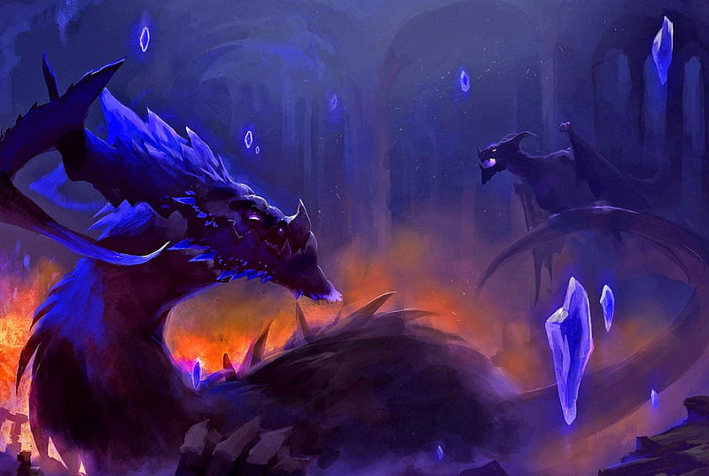 Amethyst Dragons, fantasy, magic, dragon, dark, HD wallpaper