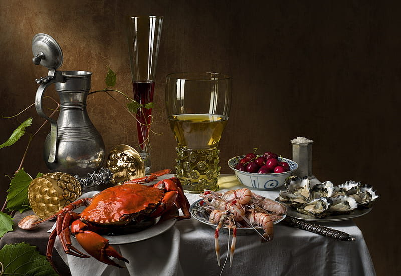 Food, Still Life, Cherry, Wine, Glass, Crab, Shrimp, Oyster, HD wallpaper