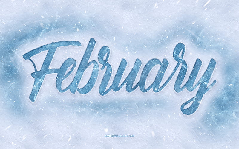 February inscription on the snow, snowy winter background, February concepts, winter months, winter background, February month, HD wallpaper