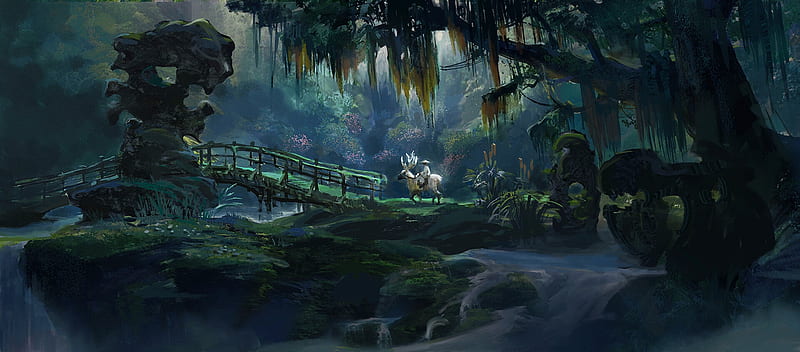 :), forest, art, fantasy, bridge, luminos, man, liu qing, deer, HD wallpaper