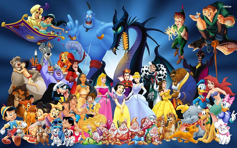 Peter Pan, Snow White, Movie, Disney, Cinderella, Tinker Bell, Ariel (The Little Mermaid), Belle (Beauty And The Beast), Mickey Mouse, Donald Duck, Goofy, Minnie Mouse, Stitch (Lilo & Stitch), Daisy Duck, Princess Jasmine, Aurora (Sleeping Beauty), Lilo (Lilo & Stitch), Ursula (The Little Mermaid), Jane Porter, Pocahontas, Beast (Beauty And The Beast), Captain Hook, Aladdin, Jafar, Maleficent, Cruella De Vil, Tarzan, Bambi (Character), Mowgli, Scar (The Lion King), Evil Queen (Snow White And The Seven Dwarfs), HD wallpaper