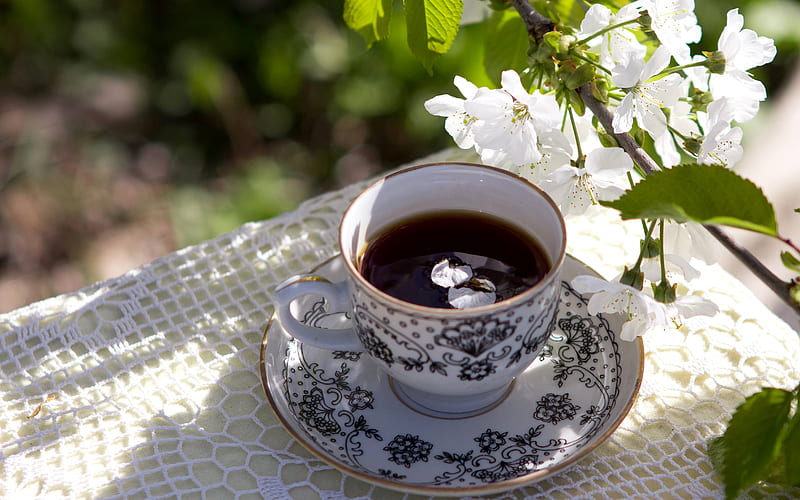 Coffee with Petals, cup, white, blooms, coffee, spring, HD wallpaper