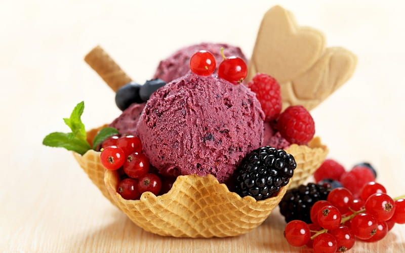 Berries Ice Cream, red, ice cream, food, blackberry, sweet, dessert, fruit, green, purple, berry, summer, raspberry, redberry, HD wallpaper