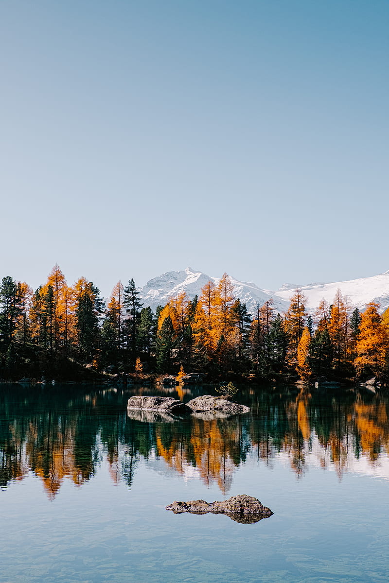 lake, trees, mountains, stones, landscape, HD phone wallpaper