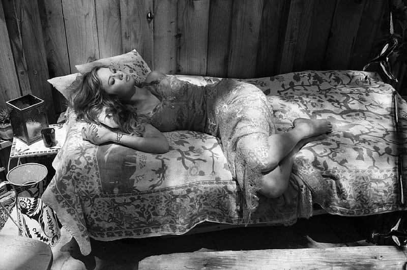 Brie Larson, asleep on bed, partial see through, bare feet, bracelet, black and white, lace dress, garden shed scene, HD wallpaper