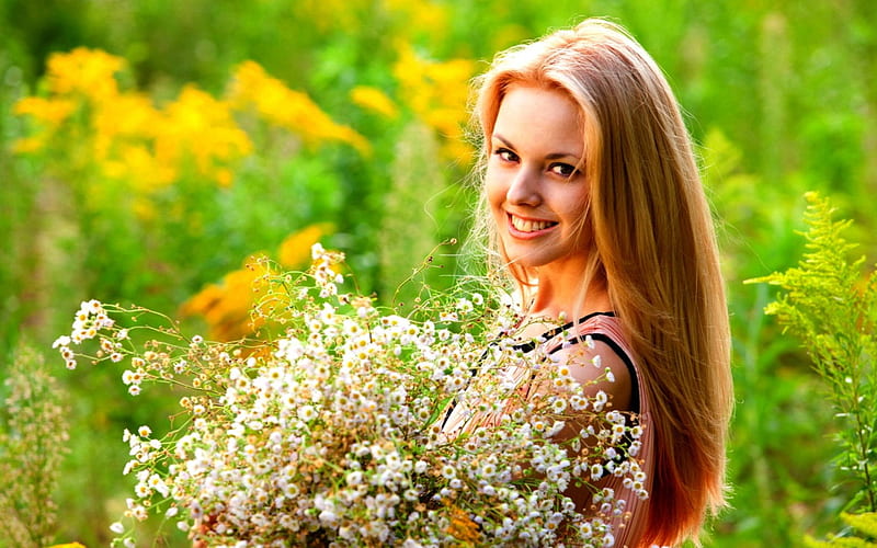 PRETTY BLONDE, daisies, girl, flowers, blonde, smile, eyes, HD ...