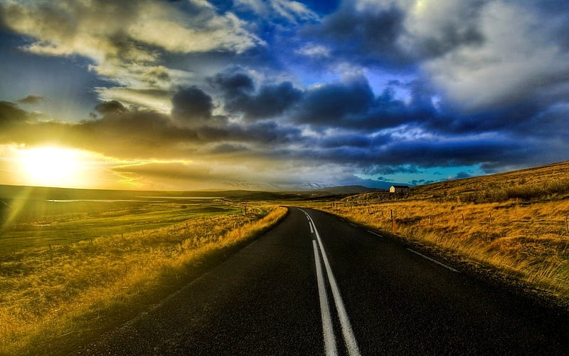 THE LONG WAY HOME, nature, fields, sunset, road, clouds, sky, HD wallpaper