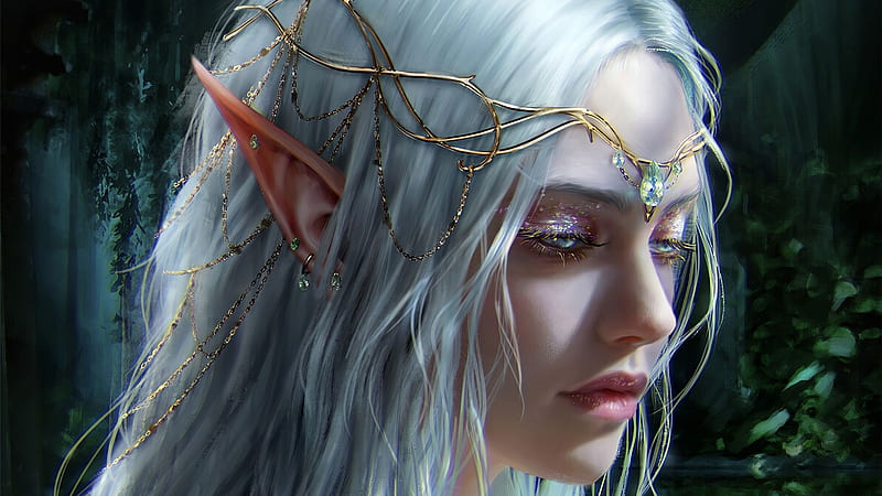 Elf Queen, fantasy, woman, white hair, elf, crown, HD wallpaper