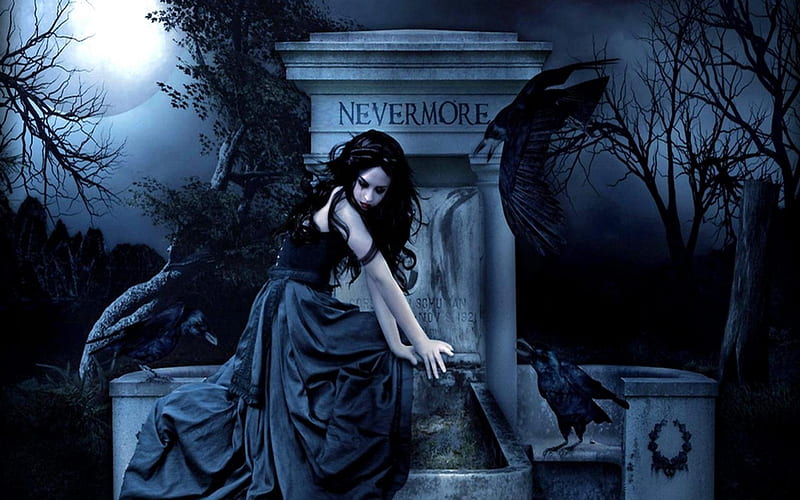 Dark Woman at Graves, goth, fantasy, monument, emo, dark, beauty, grave, night, HD wallpaper