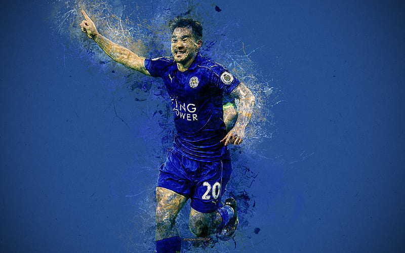 Shinji Okazaki grunge art, splashes of paint, blue background, japanese footballer, Leicester City FC, creative art, England, Premier League, football, HD wallpaper