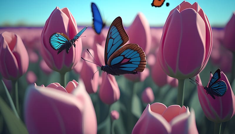 Butterflies flying over the pink tulips, Field, Tulips, Meadow, Morning, HD wallpaper