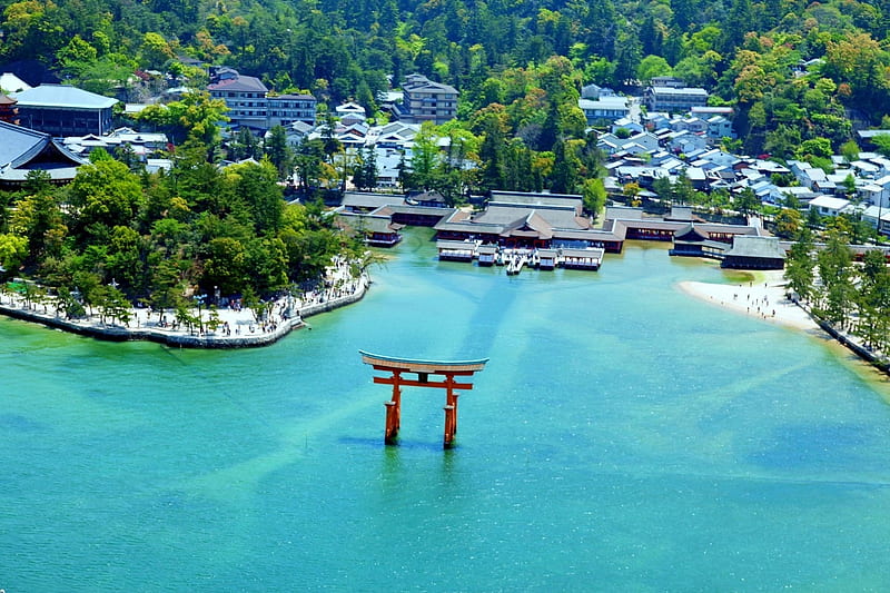 Itsukushima Shrine, gate, torii, japanese, ocean, sea, japan, shrine, hiroshima, temple, scenery, HD wallpaper