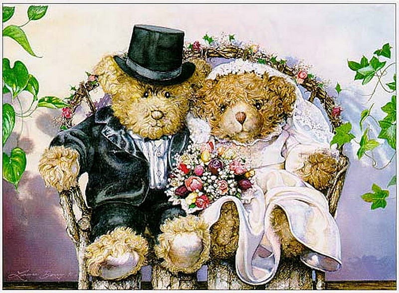 JUST MARRIED, bears, marriage, weddings, Teddy bears, HD wallpaper