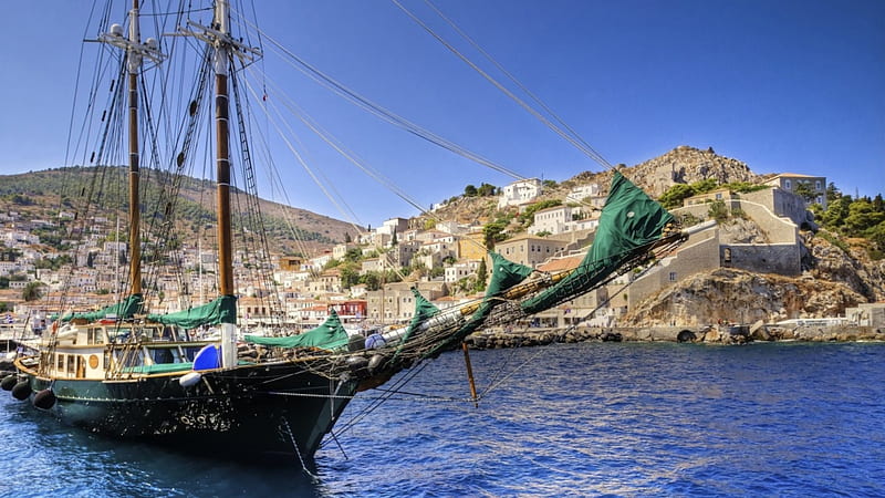 sailing ship in a greek island harbor , hills, ship, town, sailing, island, harbor, HD wallpaper
