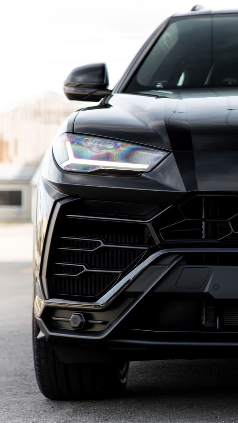 Black Lamborghini Urus Front Head Light, black lamborghini, urus front view, car, speed, race, lamborghini urus, front head light, HD phone wallpaper